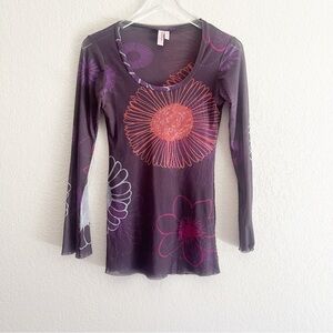 SWEET PEA Y2K style Nylon long sleeve sheer top Size Large Floral Print